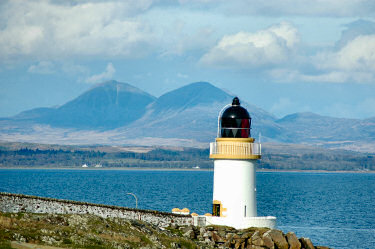Picture of a lighthouse with a sea loch and some mountains in the background