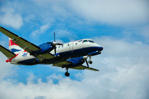 Picture of a plane during the landing approach