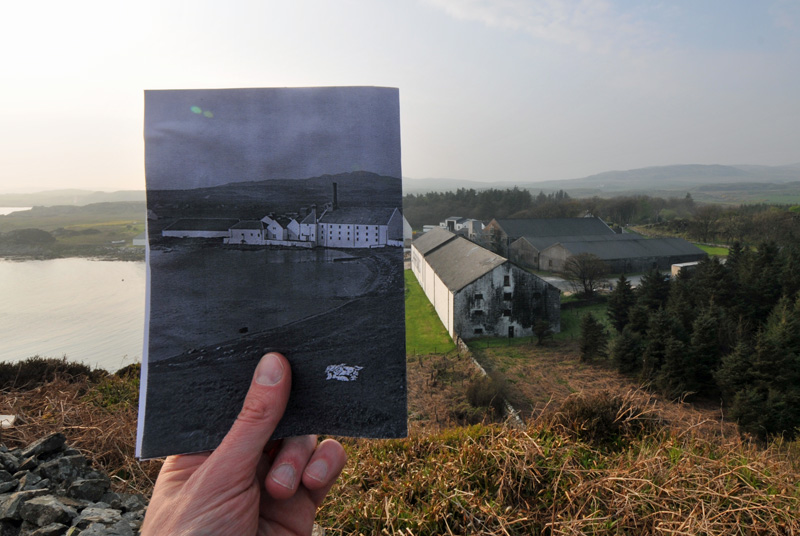 Composite picture of two pictures, old and new, showing Laphroaig distillery from a hill