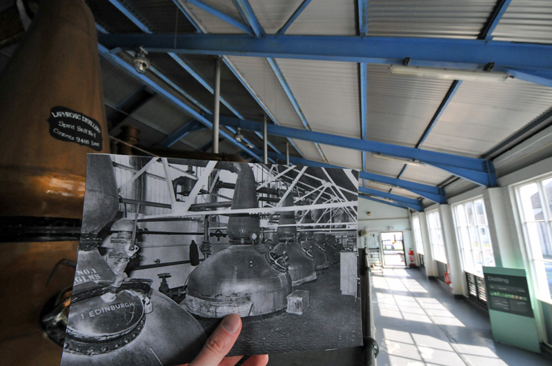 Composite picture of two pictures, old and new, showing the still house at Laphroaig